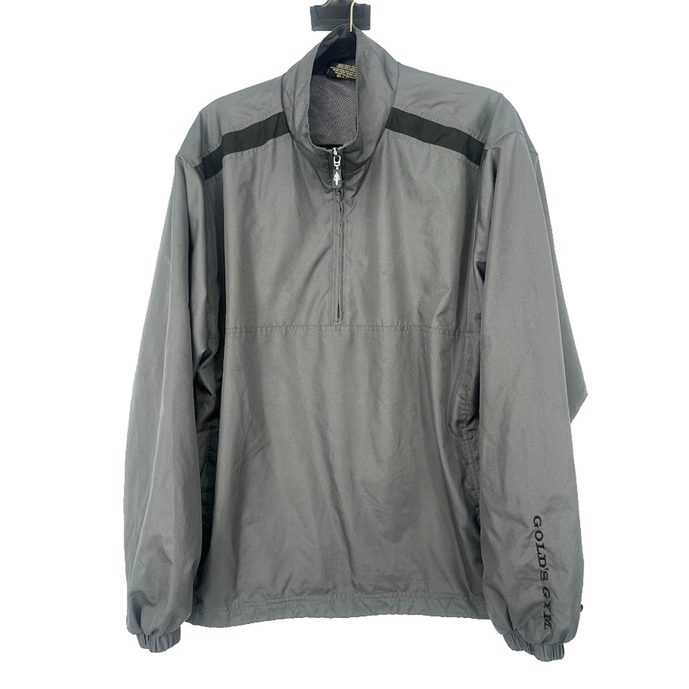 Vintage Gold's Gym Jacket Pullover Hooded Windbreaker Mens Medium Grey Black Y2K